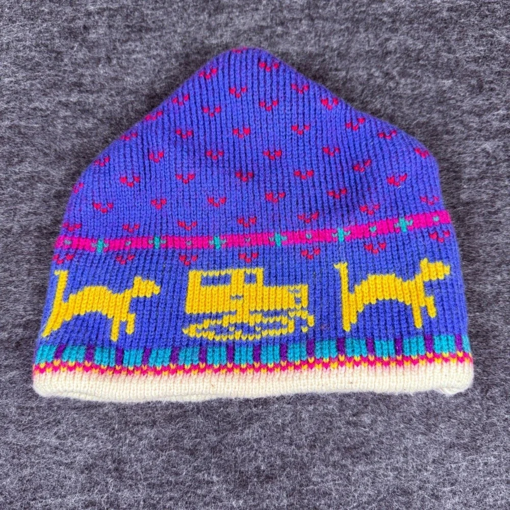 Vintage Jytte Kids Beanie Hat‎ Purple Wool Blend Ski Winter Trucks Dogs